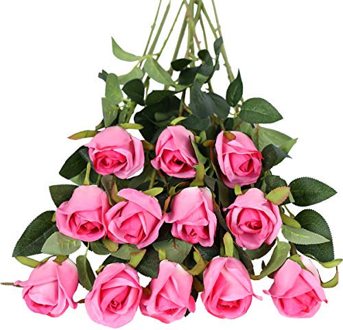 Tifuly Rosen Künstliche Blumen 12 Pcs Seide Künstliche Rose Blumen Gefälschte Blumen für Brautstrauss Haus Hochzeits Party Deko DIY(Rosenrot)