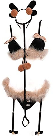 JasmyGirls Sexy Bunny Cosplay Lingerie Costume Set Kawaii Elk Anime Micro Bikini Fourrure Soutien-gorge et Culotte Lolita Japonais Sous-vêtements, Noir , XS/M