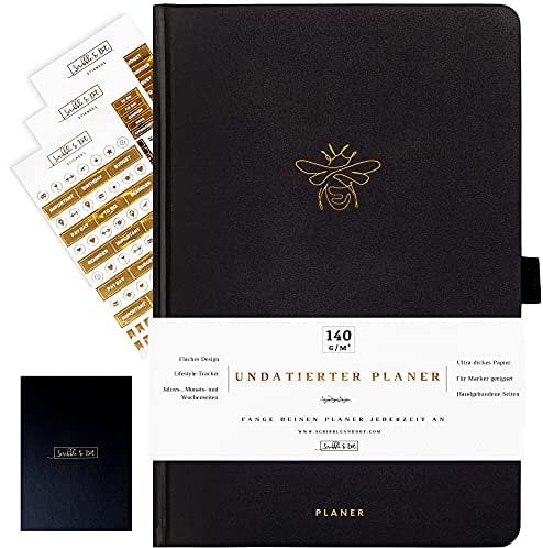 Scribble & Dot® Planer Diary Wochenplaner Undatiertes Tagebuch Organiser - A5 Dickes Papier 140gsm - Kalender Ohne Datum - Wochen/Monats/Jahres-Planer - Terminplaner - Gold Bee