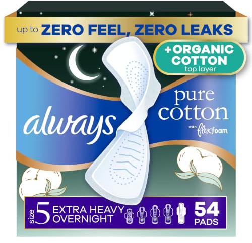 Always Reine Baumwolle, feminine Pads für Frauen, Größe 5, extra schwere Saugfähigkeit über Nacht, Multipack, mit Flexfoam, mit Flügeln, geruchlos, 18 Stück x 3 Packungen (insgesamt 54 Stück)