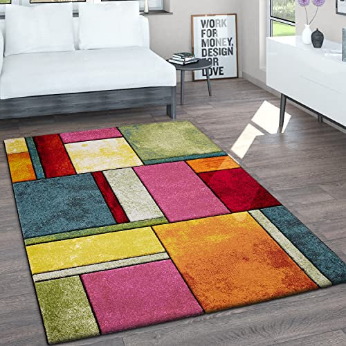 Paco Home Teppich Wohnzimmer Kurzflor Vintage Handgearbeiteter Konturenschnitt 3D Optik Meliert, Grösse:160x230 cm, Farbe:Bunt