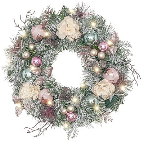 Valery Madelyn 18 Inch/46cm Corona de Navidad para la Puerta de Entrada con Sueño Brillante, Corona de Rosas y Oro con Luces LED Función de Temporizador Decoración para Fiestas de Navidad