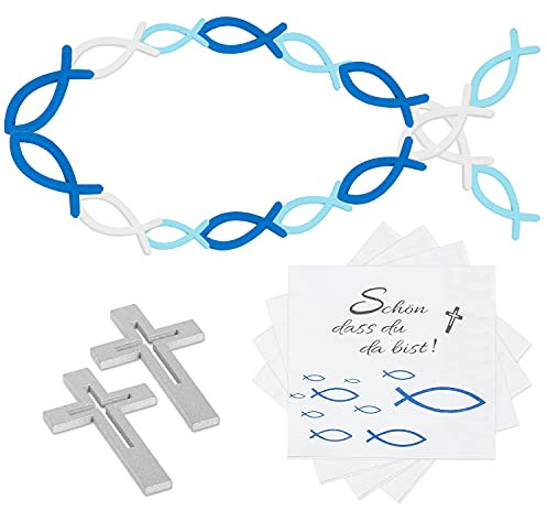 Kommunion Deko, Holz Deko Taufe 60 Pieces Wooden Fische Blau Weiß and 25 Servietten 'Schön, DASS du da bist!', Taufe Servietten Junge Tischdeko Taufe Junge Communion Confirmation