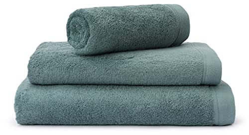 URBANARA Frottee-Handtücher Faia 4er-Set I 100% Bio-Baumwolle Made in Portugal Oeko Tex Standard 100 I 2X Handtuch [50x100 cm], 1x Duschtuch [100x150 cm], 1x Badetuch [70x140 cm], Grüngrau