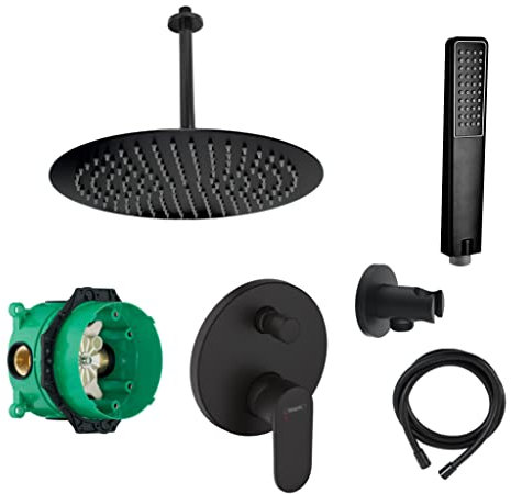 vanvilla Duschsystem mit Unterputz Duscharmatur von Hansgrohe Einhebelmischer und vanvilla Regendusche mit Armatur, Duschkopf rund, Dusch-SET HGS18 schwarz matt beschichtet