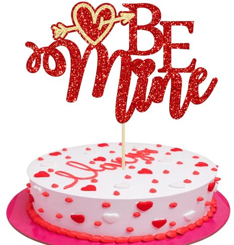 Gyufise 1 Pack Red Glitter Be Mine Cake Topper Happy Valentine's Day Cake Topper I Love You Cake Decoration for Happy Valentine's Day Wedding Engagement Anniversary Party Decorations