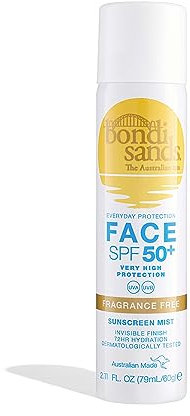 Bondi Sands - SPF 50+ Fragrance Free Sunscreen Face Mist - Protection solaire pour le visage - hydratant, pour peaux sensibles - UVA, UVB - 79 ml
