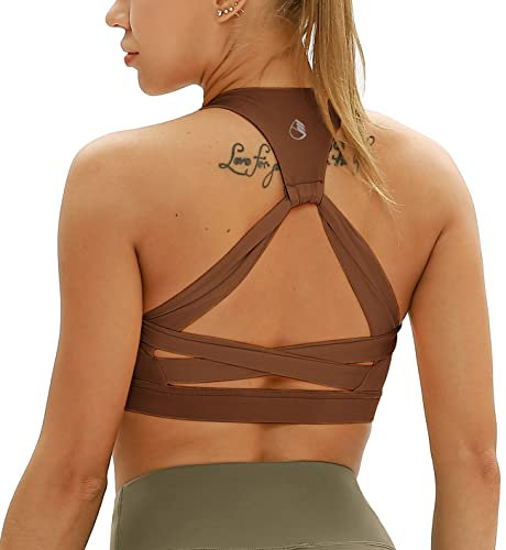 icyzone Damen Yoga Sport-BH mit Gepolstert Fitness Bustier Workout Running Bra (S, Brown)