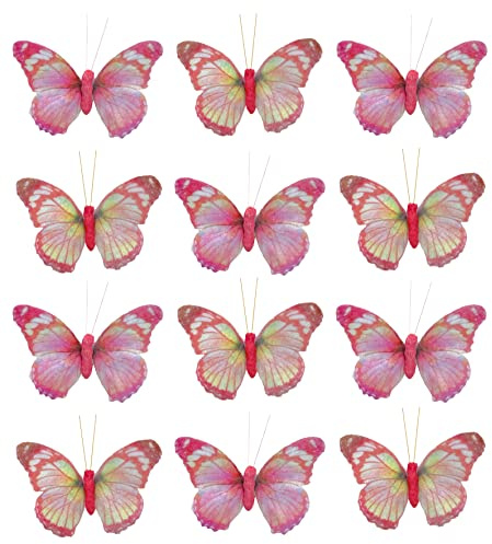 Deko-Schmetterlinge mit Metalldraht zum Stecken und Binden, zur farbenfrohen Dekoration Tischdekoration Blumengesteck Blumenkranz (9 x 7 cm, pink)