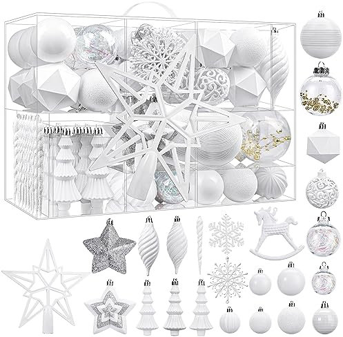 SHareconn 100pcs Christmas Tree Decorations Ornaments Set, Shatterproof Plastic Christmas Baubles Decorative Balls for Xmas Tree Decor Holiday Wedding Party, White