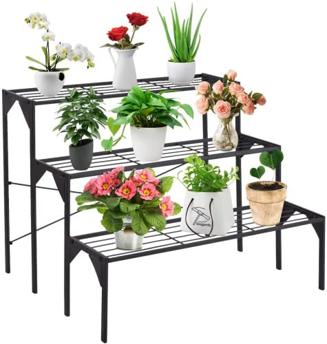 RELAX4LIFE Blumentreppe 3-stufig, Blumenregal aus Metall, Blumenständer mit 3 Ebenen, Pflanzenständer Freistehend, Pflanzentreppe für Balkon Terrasse Garten Wohnzimmer (Leiterform 2)