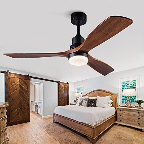 BOJUE - Ventilador de Techo de 152 cm con Luz LED Regulable y Control Remoto, Aspas de Madera para Interior/Exterior, 3 Hojas, 6 Velocidades Silencioso, Ideal para Sala, Dormitorio, Patio y Oficina