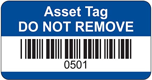 Blue Asset Tag Labels - Barcoded and Numbered 501 to 1000-38mm x 20mm Permanent Synthetic PP Labels - Price per Pack of 500 Labels (P/NO. 7828256B)