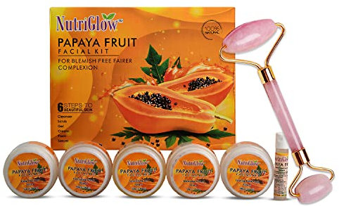Nutriglow Papaya Facial Kit for Blemish Free and Fairer Skin Hydrated & Brightening Fresh Looking Skin, All Skin Types, No Parabens & Sulphates, 250Gm+10Ml with Jade Roller