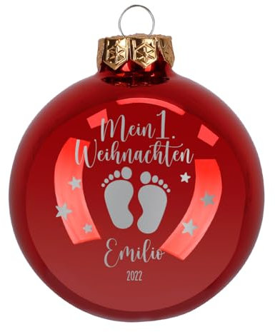 Herz & Heim® Weihnachtskugel aus Glas mit persönlicher Gravur/Rot oder Weiß/Matt oder Hochglanz/Ø 8 oder 10 cm/Verschiedene Motive Ø 8 cm, Rot Hochglanz, Mein erstes Weihnachten