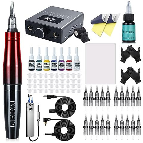 INKCHUM Tattoo Maschine Set für Anfänger mit Netzteil,Fußpedal, Professionelle PMU Pen Set für Makeup Künstler(Schwarzer, Roter Farbverlauf)