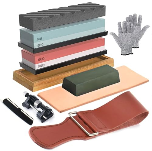 Knife Sharpening Stone, 4 Side KitGrit 400/1000/3000/8000 Waterstone, Whetstone Knife Sharpener, Sharpening Stone Whetstone Set with Bamboo Base, Flatting Stone, Angle Guide & Leather Strop