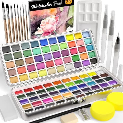 Nicpro 100 colores acuarelas incluye macarrón metálico y fluorescente, 8 pinceles sintéticos de pintura de ardilla, 25 papel de acuarela,paleta, kit de suministros de arte para el artista principiante
