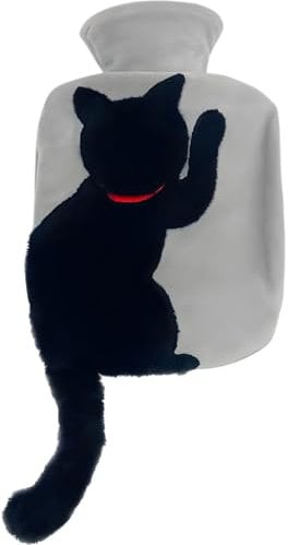Cute Hot Water Bottle PVC with Faux Fur Cover 1000ML Hot Water Bag for Hot and Cold Compress 1 Litre Capacity Gift Christmas New Year Valentine's Day Birthday Anniversary Grey Black Cat
