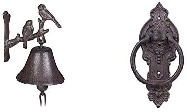 Relaxdays Türglocke Gusseisen, Vogel Motiv & Türklopfer antik, Anschlagring für Haustür, Landhausstil, Gusseisen, H x B x T: 25,5 x 10,5 x 2,5 cm, braun