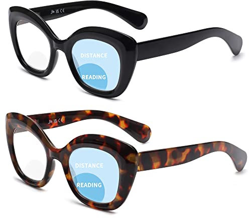 JM 2-Pack Cat-Eye Bifocal Lesebrille für Frauen, Blaues Licht Blocking Computer Leser mit Federscharnier, Schwarz & Schildkröte +2.5
