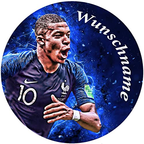 Mit Wunschnamen für die Geburtstags Torte, Zuckerbild, Essbares Foto für Torten, Fondant, Tortenaufleger Ø 20cm Mbappé Fußball Fussball Nr. 6345