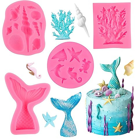4 Molde de Silicona Cola de Sirena, Moldes de Marina Animales, Molde Conchas Del Mar, 3D Molde Sirena Fondant para Decorar Pasteles, Jabón, Chocolate, Dulces