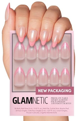 Glamnetic Press On Nails - Bubble Gum Glaze | Short Almond Pink French Tip Nails with a Glaze Finish | 15 Sizes - 30 Nail Kit with Glue