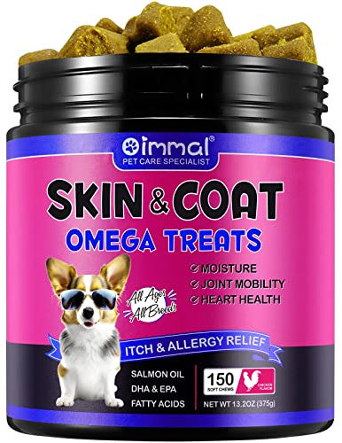 Skin & Coat Omega 3 für Hunde für gesunde Haut & glänzendes Fell Linderung von Allergien und Juckreiz,mit Biotin, DHAgold, Zink, Vitamin C, Lachsöl für Hunde (150 Stück, Hühnergeschmack)