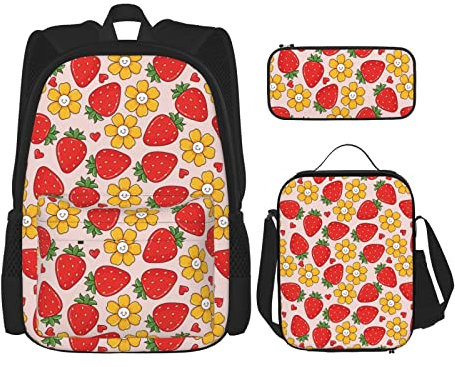 3 PCS Cute Funny Flowers And Strawberry Backpack Set With Lunch Bag Pencil Case,Cute Fruits Print Backpack
