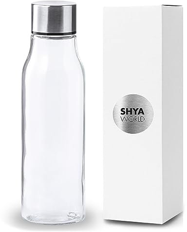 ShyaWorld Botella De Cristal para Agua Cuerpo de Acabado Transparente borosilicato Tapón a Rosca en Acero Inoxidable. Cajas Individuales por Botella. (1)