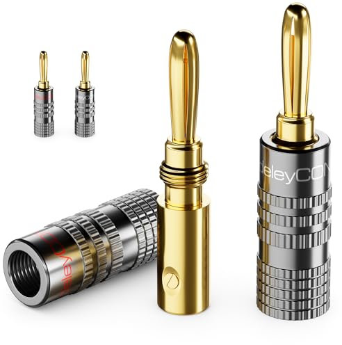 deleyCON 4 Pièce Fiche Banane Jeu - Plaqué Or à Visser pour Câble Haut-Parleur Câble Haut-Parleur 0,75 mm - 4,5 mm & par Ex. HiFi Audio Home Cinéma Récepteur - Gris