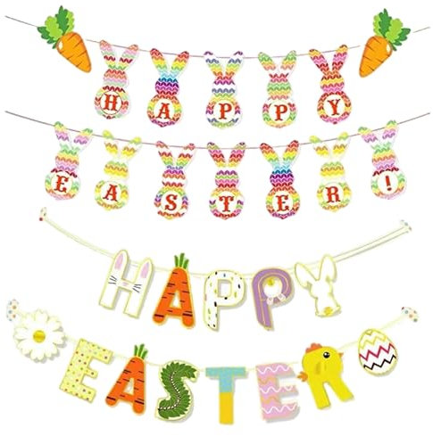 eBoutik - Set mit 2 bunten Happy Easter-Girlanden, Frühlingszeit-Banner-Dekoration – hängende Party-Oster-Themen-Wimpelkette für drinnen und draußen, für Kinder, Ostereiersuche