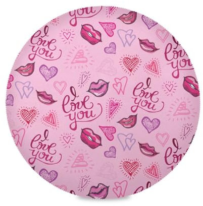 Round Natural placemats Valentines Love You Romantic Hearts Lips Pink Plate Kids Plastic placemats Waterproof Reusable placemat for Baby placemats for Kitchen Table Washable Farmhouse Spring