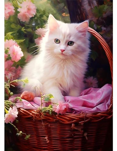 CEOVR 5D Diamant Painting Adulte Katze Peinture Diamant Adulte Blumen DIY Kit Diamond Painting Adulte,30x40 cm Diamond Painting Kit Complet,Tableau Strass Diamant Art,Katze im Korb