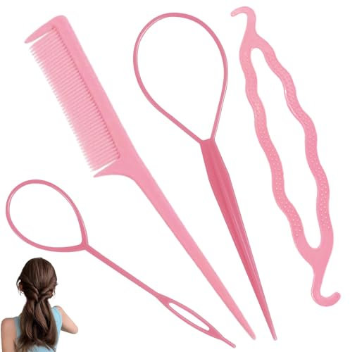 4 PcsTopsytail Hair Tool Hair Styling Tools Hair Loop Tool Hair Braiding Tool Hair Tools Parting Comb Hair Twister Looping Tool topsy Tail Hair Tool Hair Braiding Accessory Hair Plaiting Tool