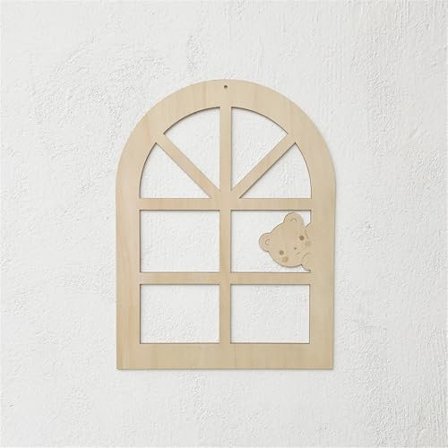 Ueiwffzo Wandbehang Holz Kinderzimmer Deko, Durchbrochene Fenster Bär Wandbehang Wanddeko, Boho Deko Cute Wall Decoration für Kinderzimmer Wohnzimmer Schlafzimmer (A)