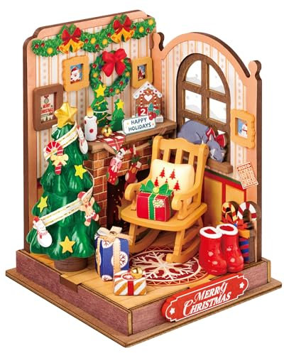 Rolife DIY Miniatur Haus Bausatz Puppenhaus Holzmodell Bausatz Weihnachtspuppenhaus mit Weihnachtsbaum und Möbel Geburtstagsgeschenk für Kinder und Erwachsene (Weihnachts Kamin)