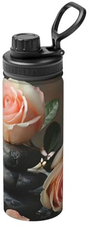 Spa Stone And Rose Flowers Print Water Bottles Stainless Steel 18oz Heat Resistance Outdoors,Travel Cup Men Women