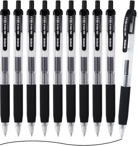 EYEYE G-103 - Penne gel nere da 0,7 mm, confezione da 10 penne a sfera retrattili a punta media, ad asciugatura rapida, penne a punta fine per scrittura liscia, per ufficio e scuola
