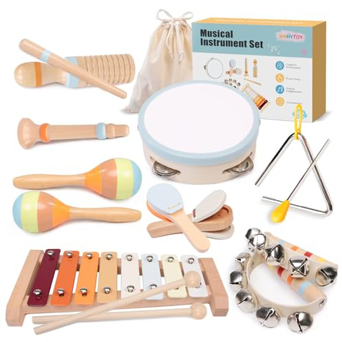 Baby Musical Instruments Set - Montessori Wooden 18 Month Old Baby Musical Toys, Toddler Percussion Instruments Xylophone Maracas Tambourine for Toddlers 1-3, 1 2 3 Year Old Girls Boys Birthday Gifts