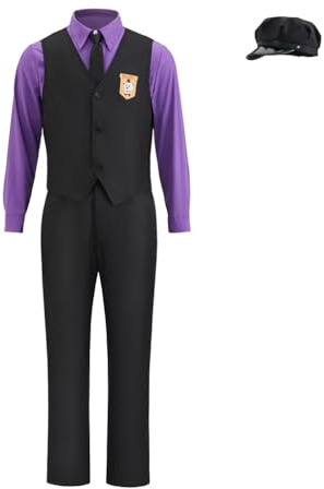iSHOWcos Herren lila Hemd und schwarze Weste, Hose, Anzug mit Hut, Halloween-Outfit
