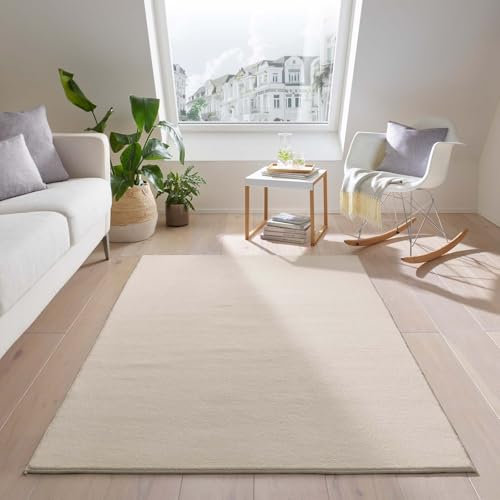 Teppich Kurzflor waschbar sehr weich für Wohnzimmer Esszimmer und Kinderzimmer Flachflor Uni Einfarbig Creme 120x170 cm
