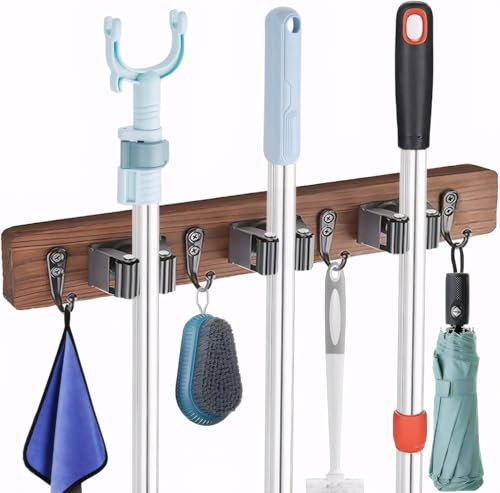 weiclianhp Porte Balais Mural, Accroche Balai Mural avec 3 Supports et 4 Crochets, Support Balais Mural Sans Percage, Rangement Buanderie, Range Outils de Jardin