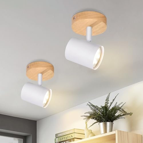 Deboola Deckenstrahler Weiß Deckenleuchte Vintage - Deckenlampe 2ER Holz Deckenspot 1 Flammig Schwenkbar GU10 Strahler Wandstrahler für Wohnzimmer Schlafzimmer Flur Küche MAX.40W (Ohne Leuchtmittel)