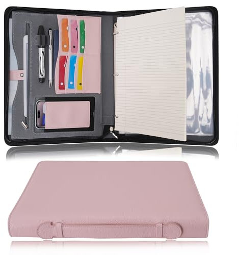 Wonderpool Porte-documents à fermeture éclair classeur à 3 anneaux A4 Padfolio étui à documents presse-papiers amovible, organisateur de bureau et d'école pour hommes et femmes (Rose)