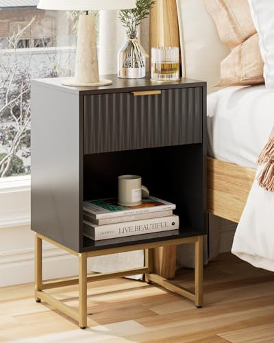 HEYZOEY Table de chevet moderne avec tiroir - Table de chevet en bois de noyer - Table de finition pour salon, chambre à coucher, bureau (noir)