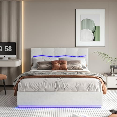 MOTUZP Doppelbett 180x200cm Polsterbett 140x200 cm mit Stauraum Boxspringbett 160x200 Bett Bettgestell LED Beleuchtung & Lattenrost Stauraumbetten,Ohne Matratze (Beige, 180x200cm)