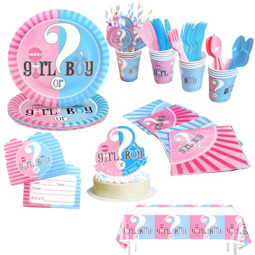 Stoviglie Completa Rivelazione Genero Bebe. Stoviglie decorazione rivelazione di genere. 130pcs -16 ospiti festa rivelazione genere. Gender Reveal Party Decoration con tovaglia, Topper, inviti