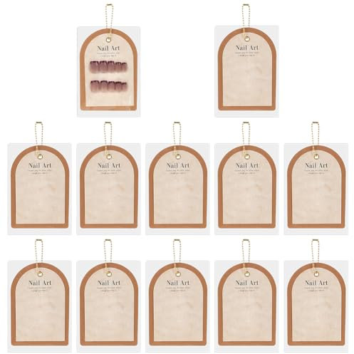FINGERINSPIRE 12 Pcs Press on Nail Display Cards with Hanging Chain 130x90mm Sandy Brown Manicure Display Cards with Press-On Nail Instructions for Manicure Artists Sellers for Showing